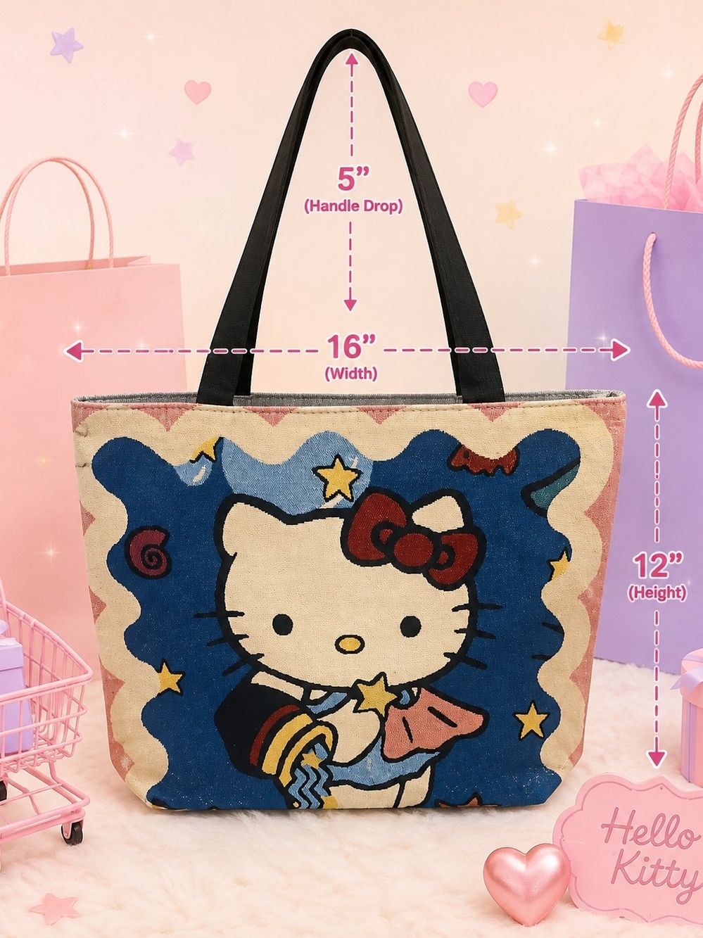 Hello Kitty Blue and Cream Canvas Tote with Black Straps